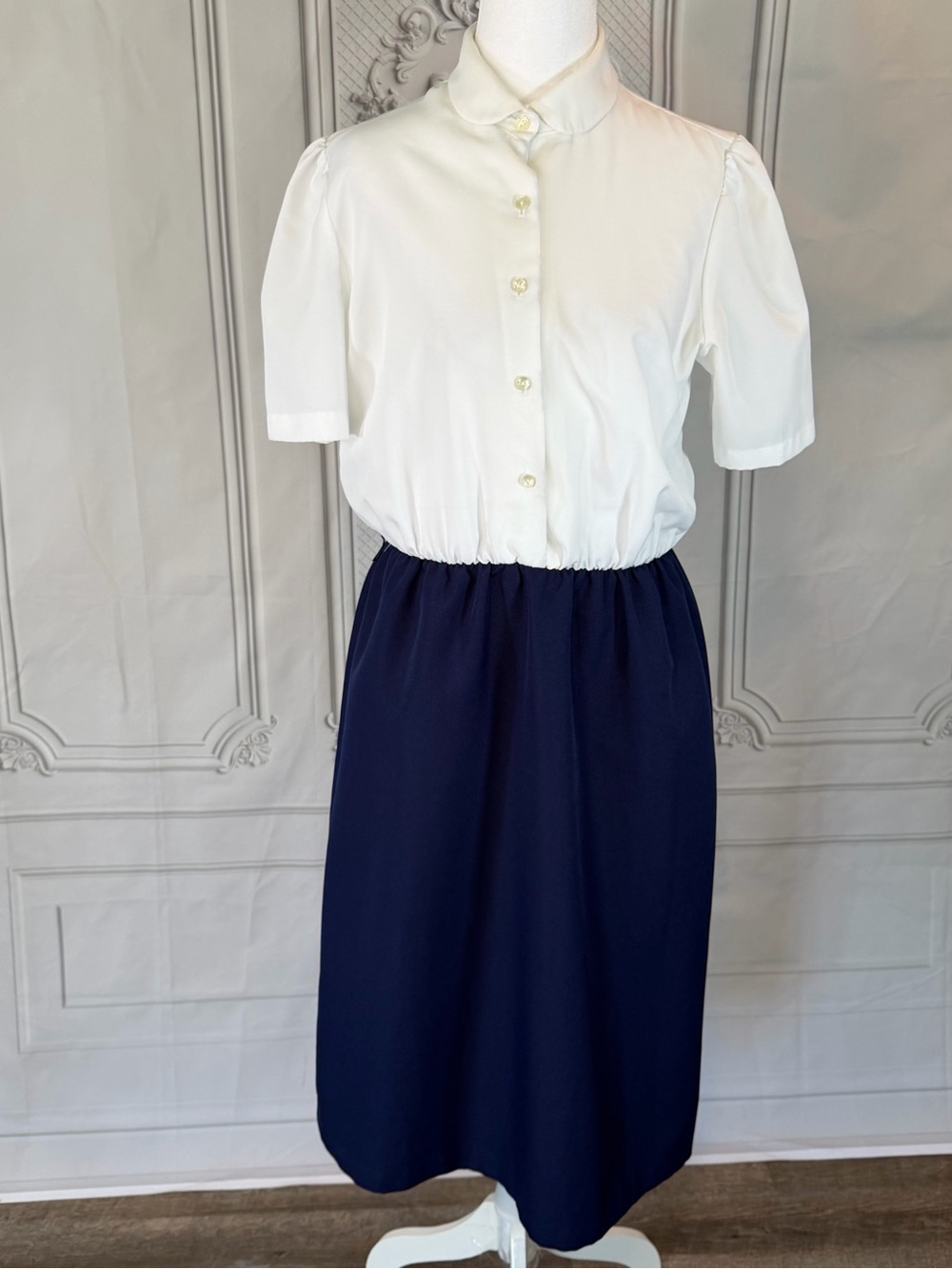 Vintage 80s Periwinkle Preppy Ivory Navy Colorblock Dress Size 10 Peter Pan